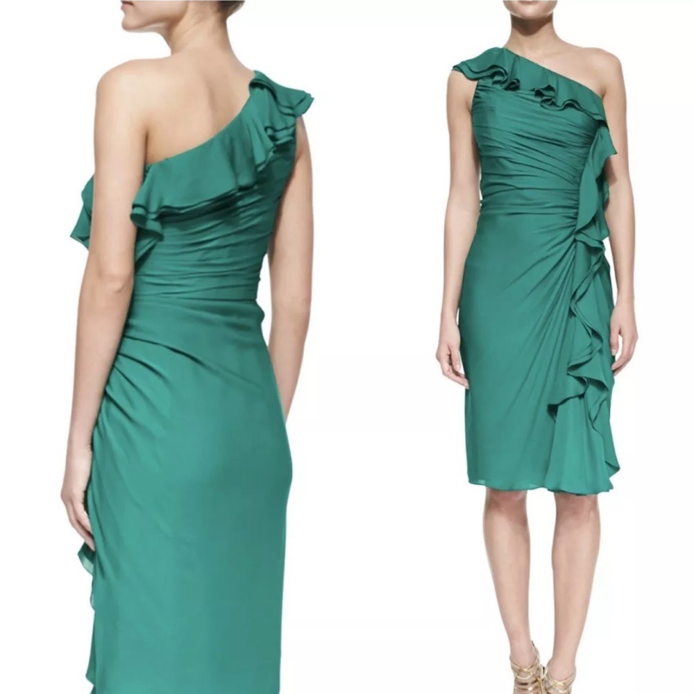 Badgley Mischka One-Shoulder Ruffle Dress